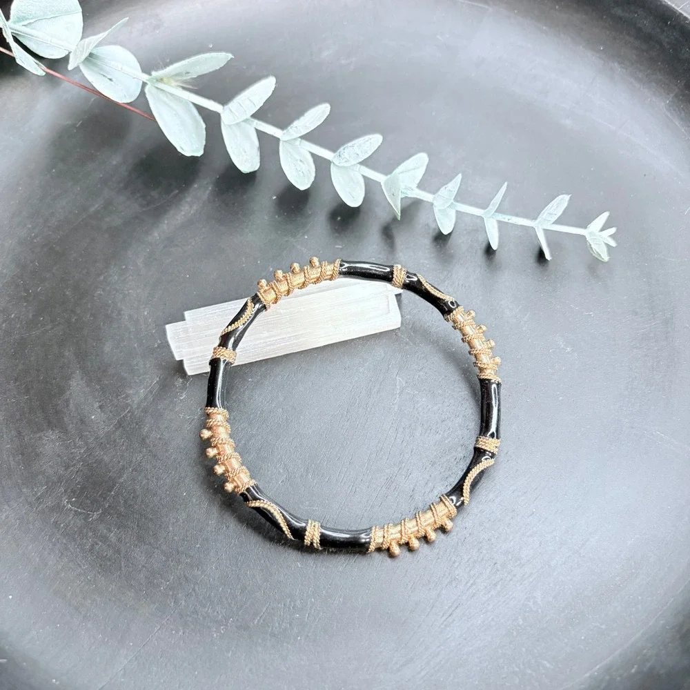 Vintage Enamel Bangle | Black Gold Bracelet | Minimalist Stackable